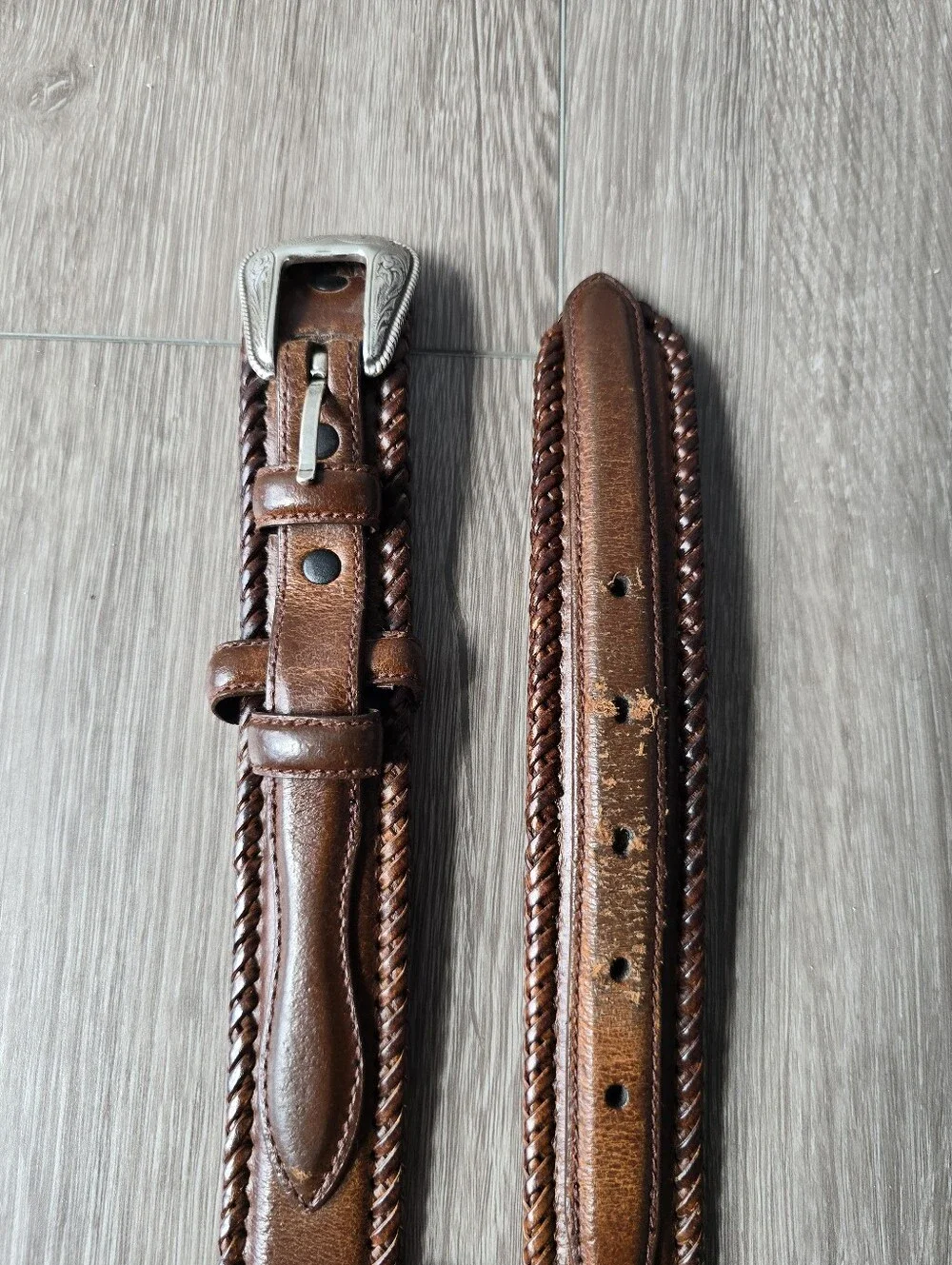 Wrangler Western Belt Mens 40 Brown Genuine Leather Braided Rope Silver Buckle